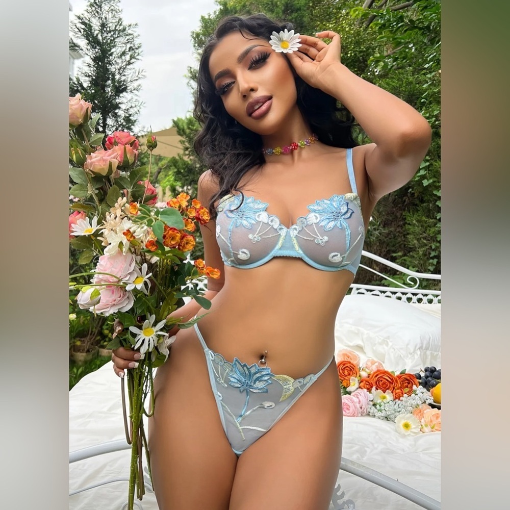 Brand new blue floral print bra and thong set, underwire unlined 34b - Picture 1 of 6